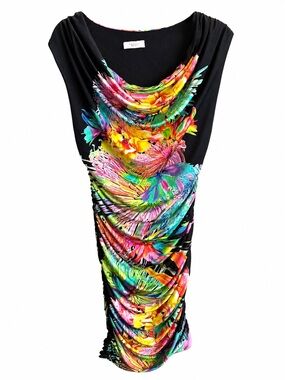 FIFILLES Paris Vibrant Tropical Floral Cowl Neck Ruched Dress T 2 / Small